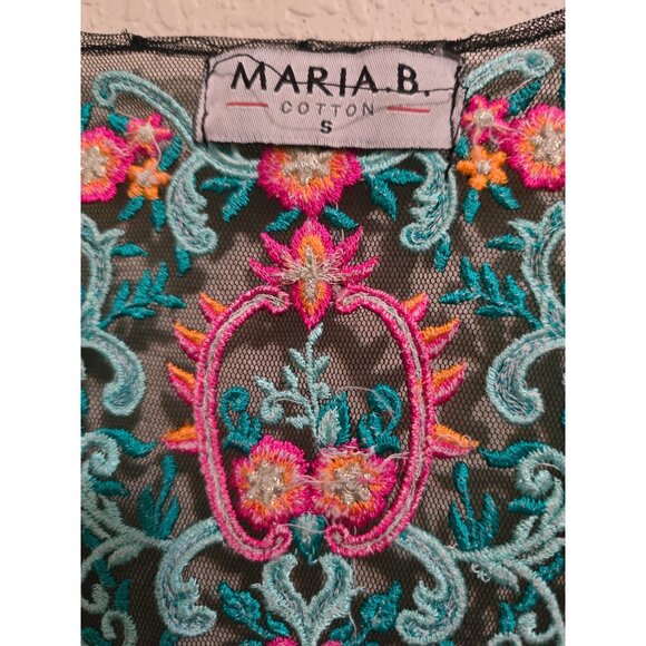 Maria B Black Mesh Embroidered Cotton Duster Size S With Floral Accents BOHO - Picture 3 of 6